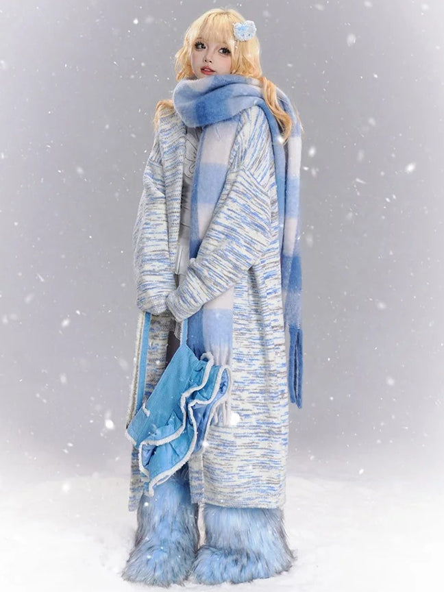 Blue and White Tie Dye Stripes Long Hooded Cardigan