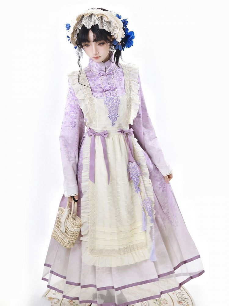 Beige Print Charm Dress Tassel Lolita Han Apron Floral Wisteria Purple + Beaded with