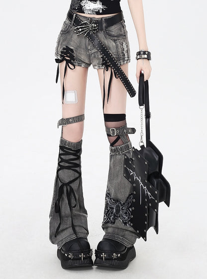 mit Bein Dusty Grey Schnürdetails Butterfly Warmers Applikation Saum Denim Shorts
