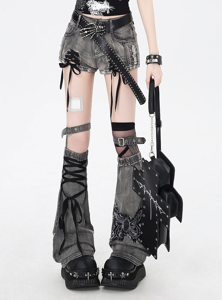 mit Applikation Dusty Grey Lace-up Details Butterfly Warmers Saum Denim Shorts Bein