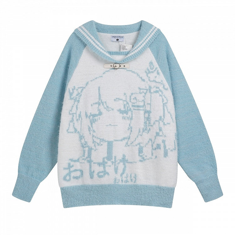 Plush Oversized with Girl Sweater Design Collar - Black/Blue/Pink Fit Cartoon Sailor