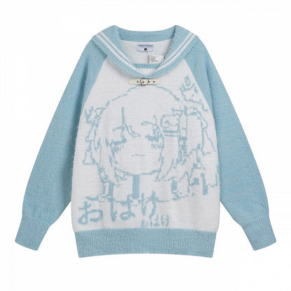 Plush Oversized with Girl Sweater Design Collar - Black/Blue/Pink Fit Cartoon Sailor