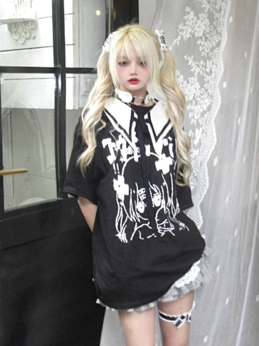 Collar T-Shirt Detachable Sailor Print with Black Manga Jira Kei Girl and