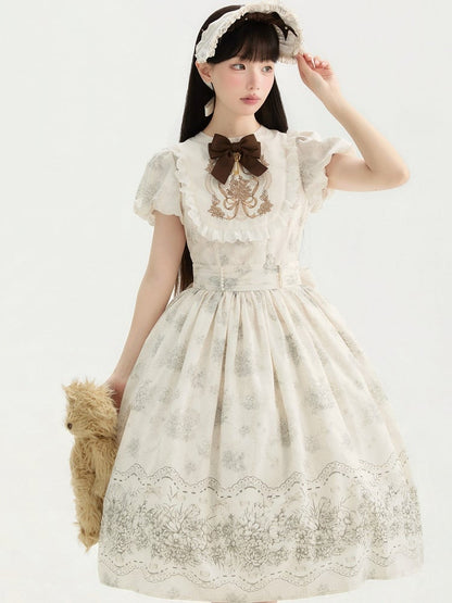 Lolita Bowknot White Floral Version One and Long Piece Embroidery Bodice Classic