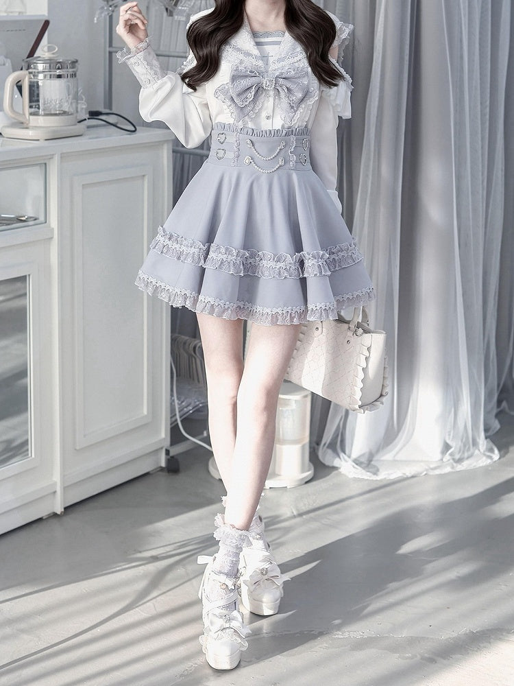Sailor Collar Blouse with Bow Tie in Blue - Ekomi