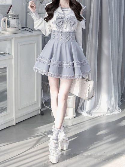 Sailor Collar Blouse with Bow Tie in Blue - Ekomi