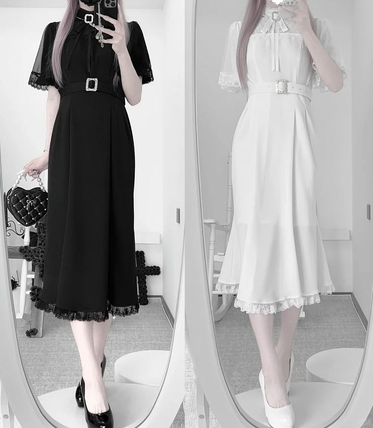 Sleeves Mermaid Neckline Elegant with Jirai and Cape Kei Short Dress Black Illusion