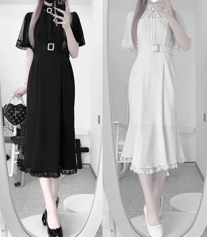 Sleeves Mermaid Neckline Elegant with Jirai and Cape Kei Short Dress Black Illusion