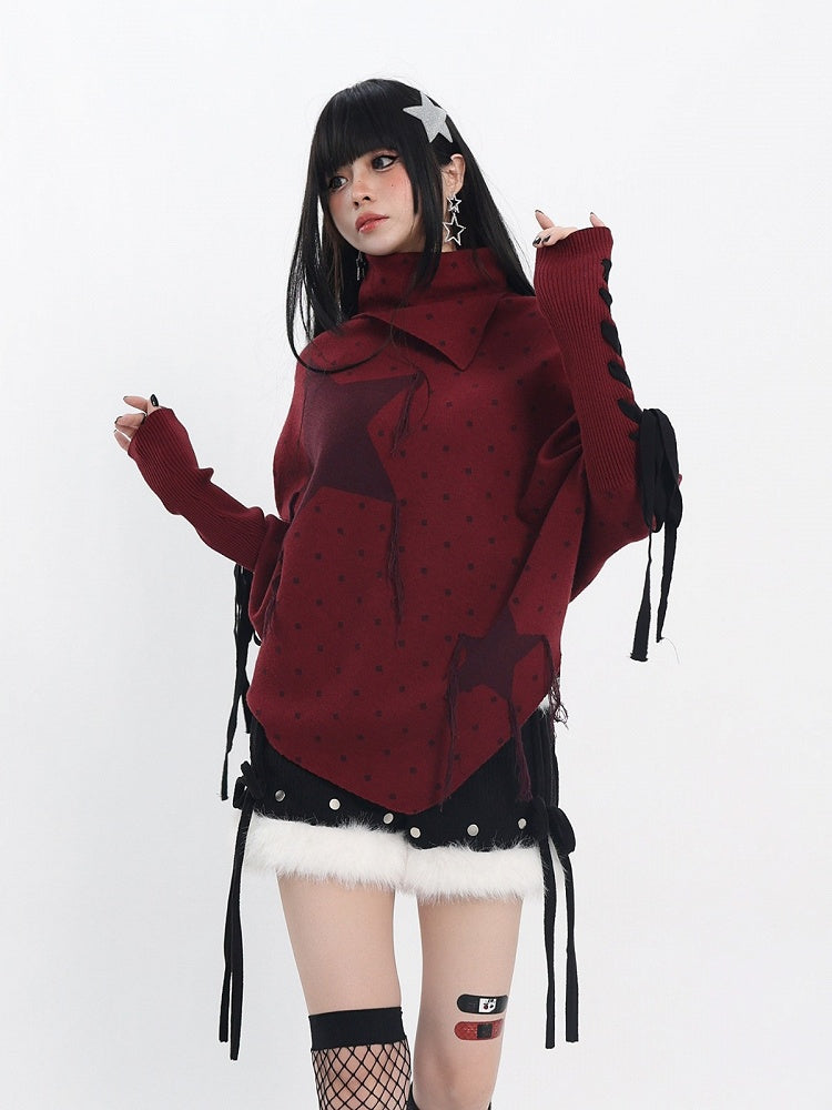 Red Turtleneck Sweater with Star Polka Dot Print, Pointed Hem, Frayed Fringe & Lace-Up - Catwish