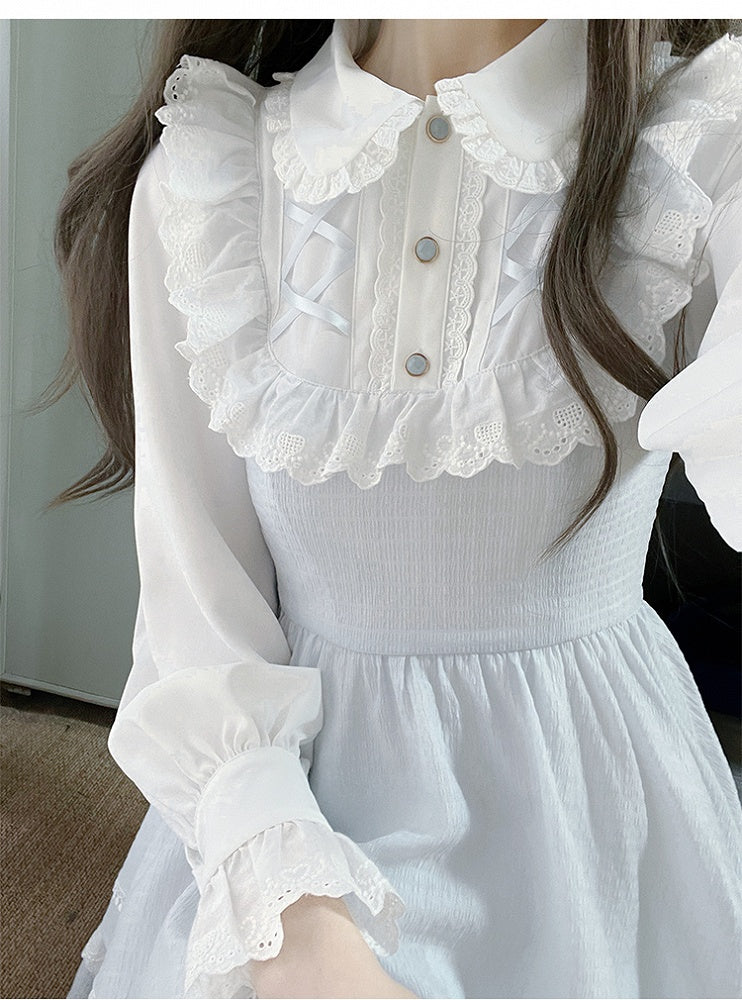 Tenshi Kaiwai Blaues Jirai-Kei-Kleid mit Peter-Pan-Kragen und gerüschtem Spitzenbesatz