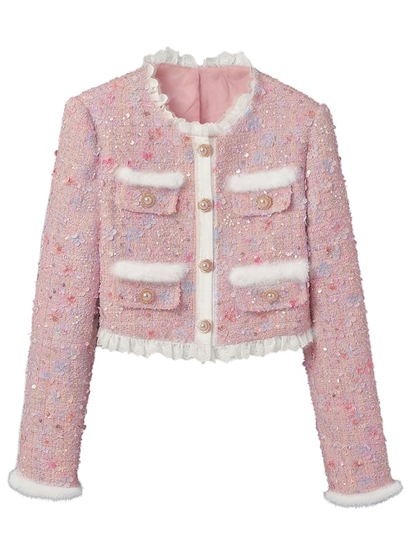 Rosa Jacke mit floralen Perlenverzierungen und Pailletten