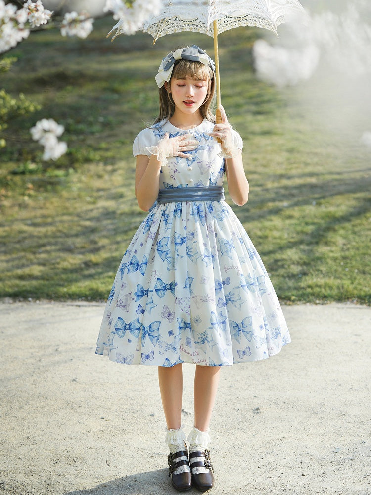 Sweet Bowknots Print Blue High Waist Retao Lolita Dress