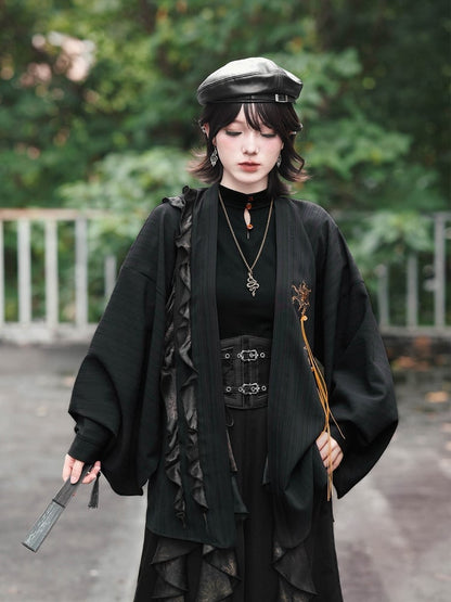 Gothic Black Pipa Sleeve Cardigan with Mandala Embroidery, Tassels and Ruffle Edging - Quirky Hut