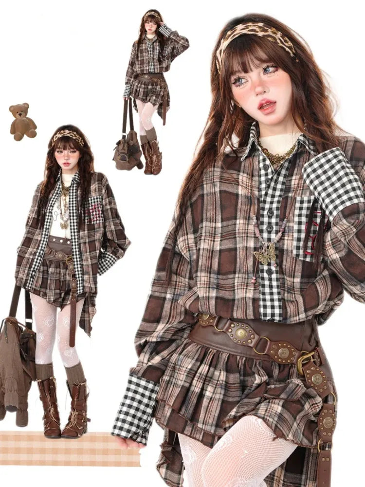 / Asymmetrical Sleeves Long Shirt Embroidered Coffee Plaid Skirt High Waist