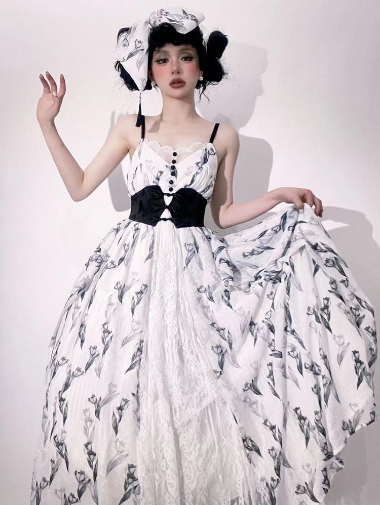 Tulip Dress+Cropped Set Top+Corset Lolita Black Elegant Classic Belt+Hairrband Full Pattern White