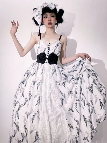 Tulip Dress+Cropped Set Top+Corset Lolita Black Elegant Classic Belt+Hairrband Full Pattern White