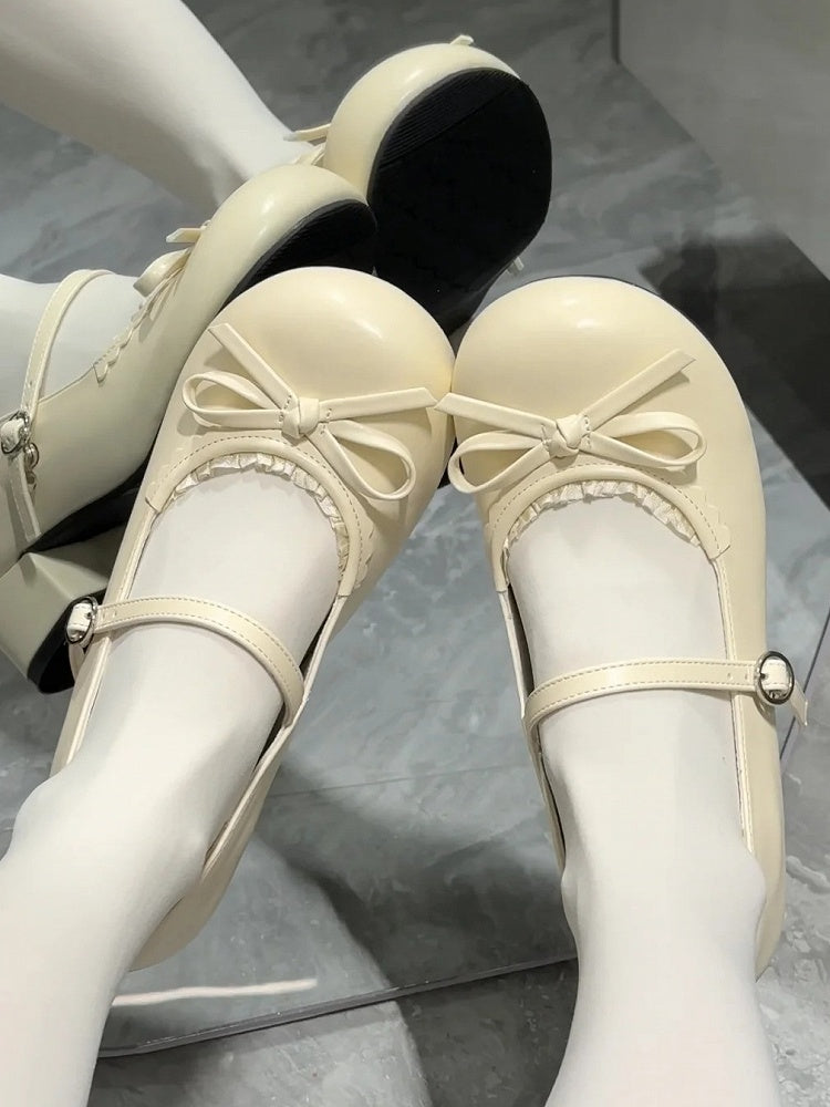 Runde Zehen Lolita geknotete Schleife mit Schuhen Matt Low-Heel Beige