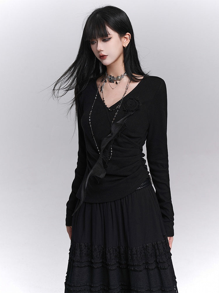 3D with Rose Ruched Top Black Gothic Sleeve Ribbon V-Neck Detail Long