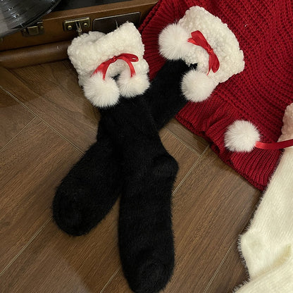Fleece Ruffled White/Red/Black Calf Socks with Decoration Warm Pom-Pom