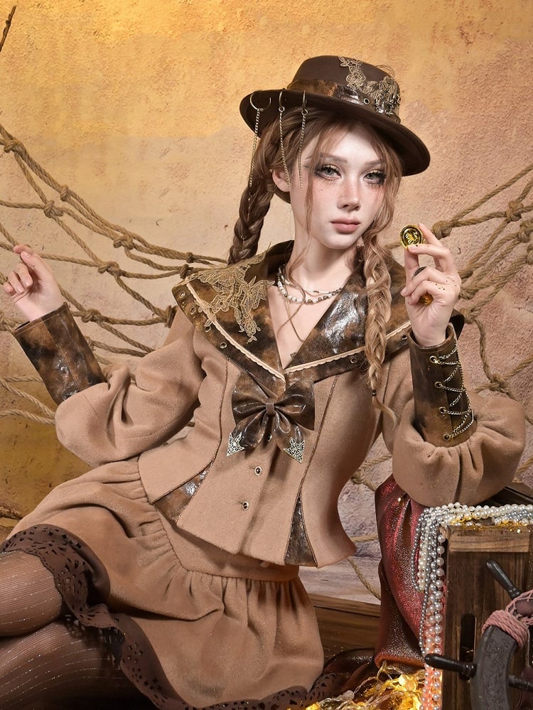 Lace Collar Applique Steampunk Embroidered Top PU with Khaki Sailor Brown