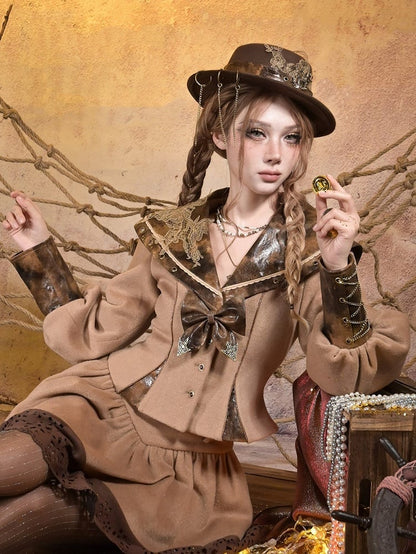 Lace Collar Applique Steampunk Embroidered Top PU with Khaki Sailor Brown