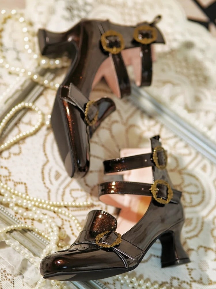 Elegant in Mid Rosette Fastening System Embellishments Glittery Triple Lolita Brown Heels with