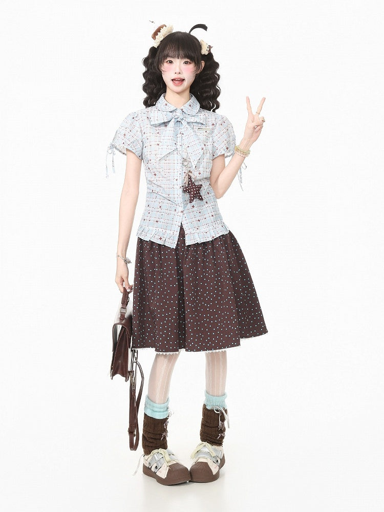 Blue Kawaii Star Plaid Short Sleeve Shirt with Bow - Languid Park
