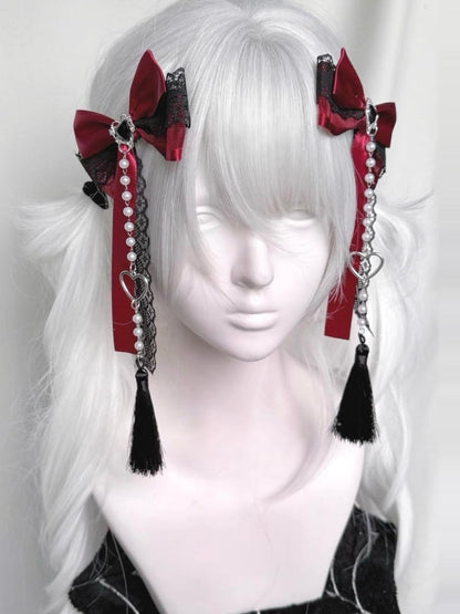 Akzente Haarspangen mit Perlenkette Jirai Kei Farben Spitze Schleife Strass 3