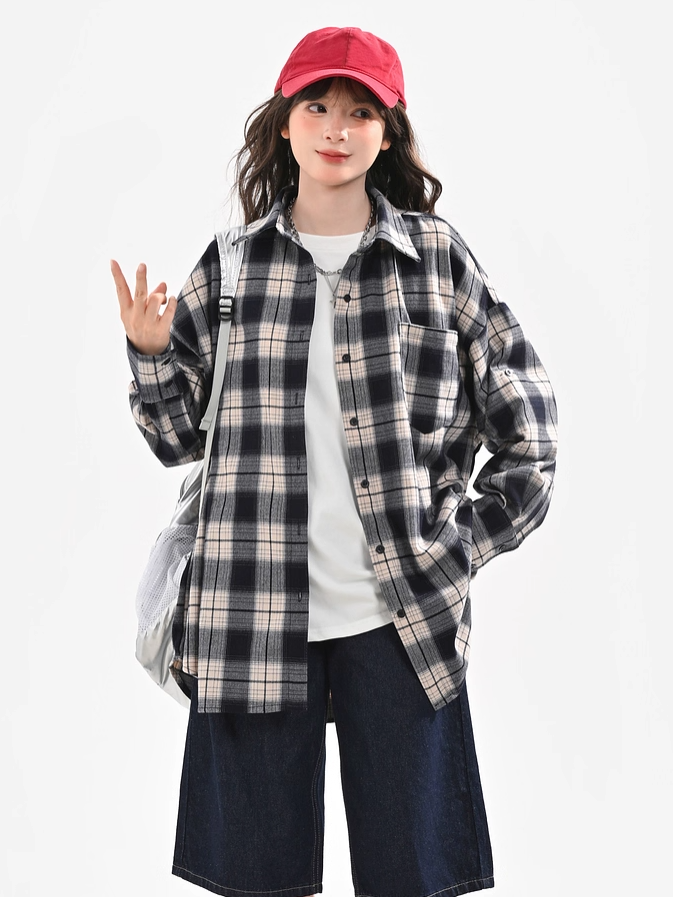 Button Plaid Blue Front Vintage Shirt Navy Placket