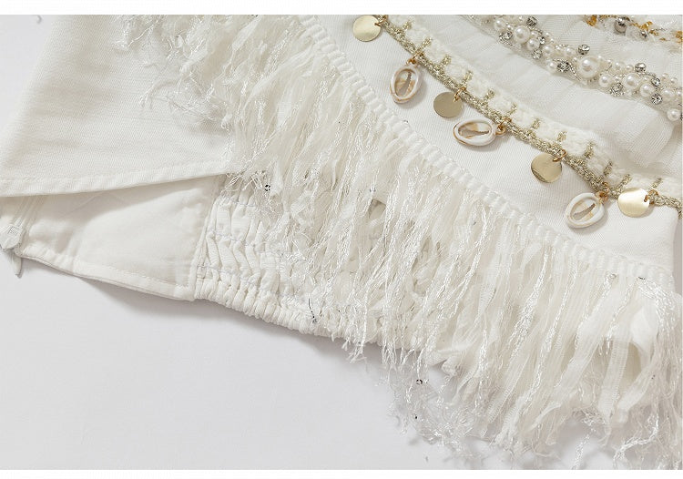 Black/White Crossover Design Bead Hem Details Fringe Baroque