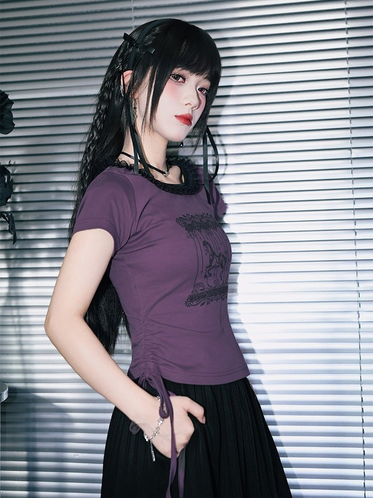 Purple Cotton Short Sleeve Square-Neck Tee with Carousel Print and Drawstring - Quirky Hut
