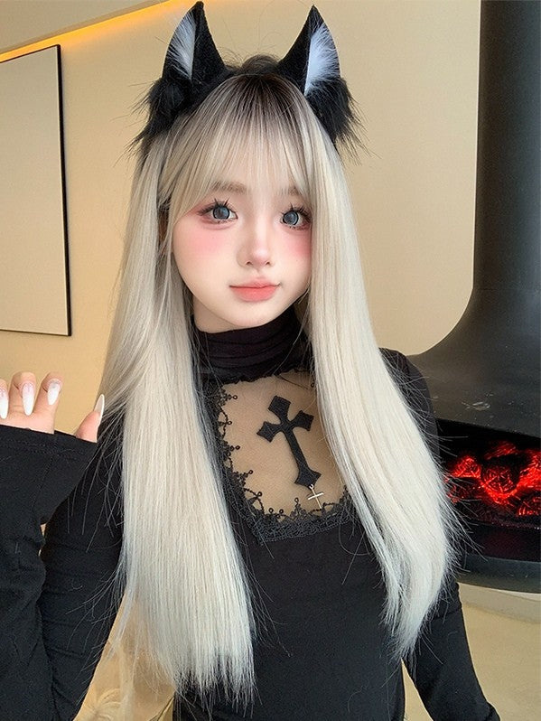 Glatte Ombre-Perücke, Länge 66 cm, schwarz-weißer Pony