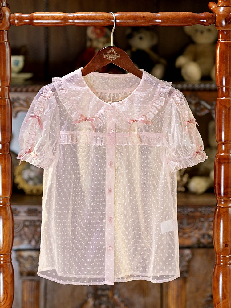 Pink Peter Pan Collar Polka Dot Sheer Tulle Blouse - Dream Magic Box
