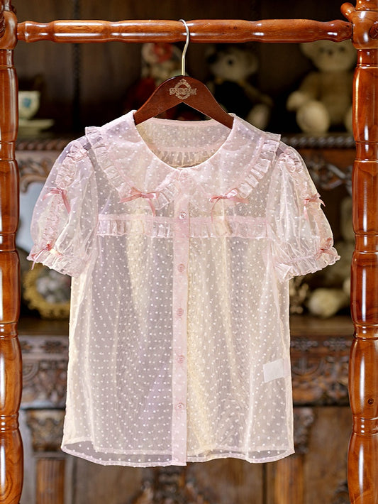 Pink Peter Pan Collar Polka Dot Sheer Tulle Blouse - Dream Magic Box