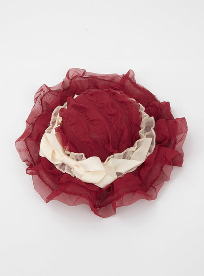 Beige Lace Hat Red Bow Mini Sweet Lolita Ruffled