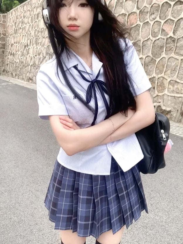 Short Sleeves Preppy Style Uniform Shirt Blue/Gray/Green Striped JK Pattern