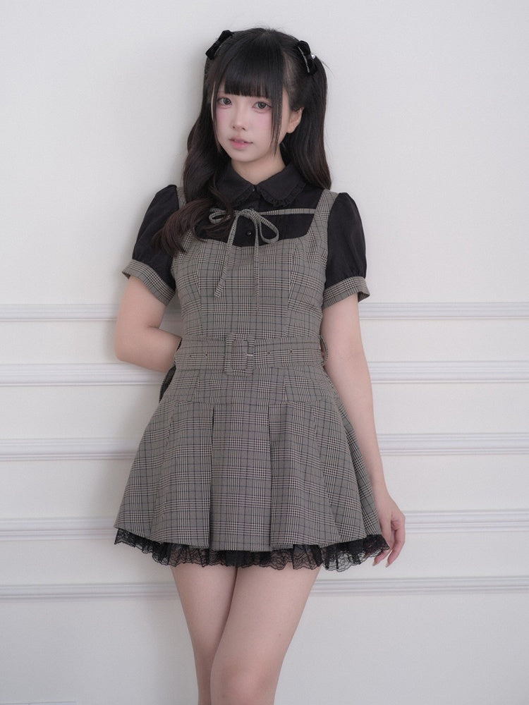 Black Jirai Kei Fake Two-Piece Plaid Short Sleeve Dress with Lace Detail and Belt - No Genki