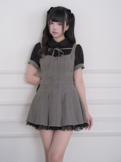 Black Jirai Kei Fake Two-Piece Plaid Short Sleeve Dress with Lace Detail and Belt - No Genki