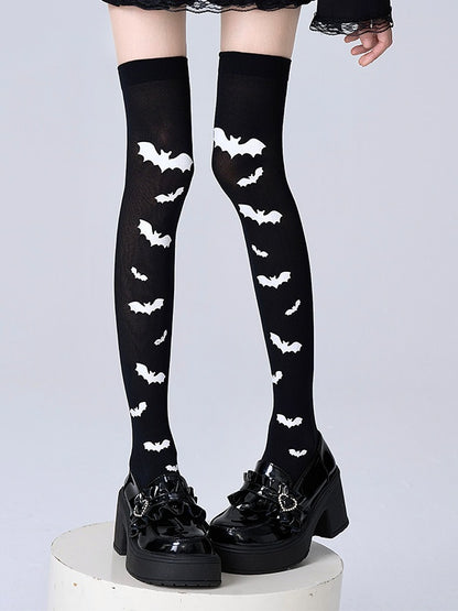 Over Black Bat White Knee Pattern Stockings