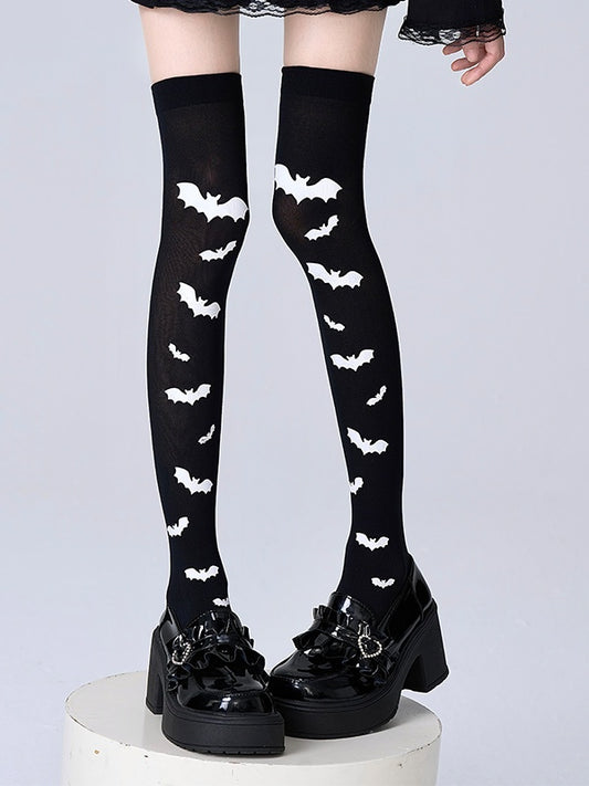 Over Black Bat White Knee Pattern Stockings