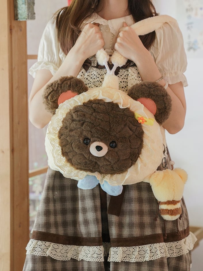 Backpack Bear-shaped Plush Lace BrownBeige Trim