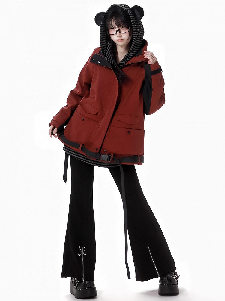 Red and Black Colorblock Sleeves Buckle Strap Unisex Jacket