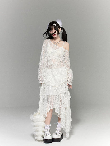 White Hem Skirt with Lace Tiered Sequin Details Asymmetric