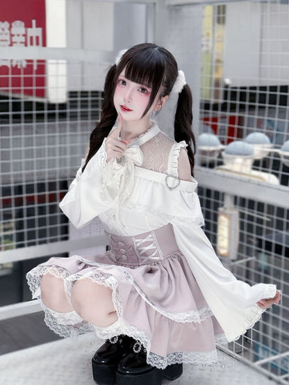 Sleeves with Shoulder Cutouts Jirai Top White Flared Outfit: Style Kei