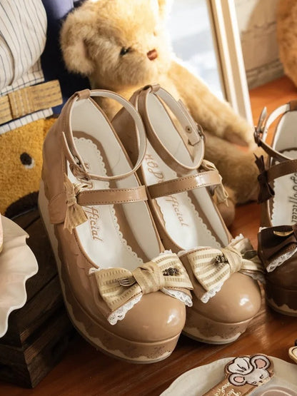 Khaki Shoes Hem Striped Lace-trimmed Scalloped - Sweet Platform Bow in Lolita