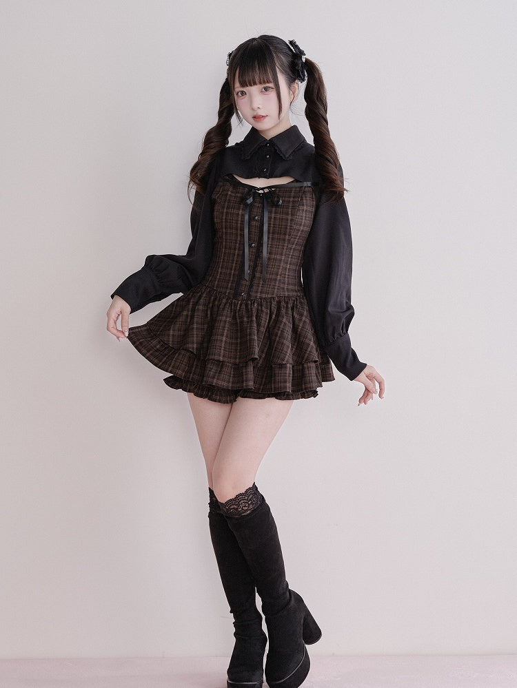 Jirai Fake Brown Set Plaid Matching Dress Two-Piece Kei Long-Sleeve + Shorts