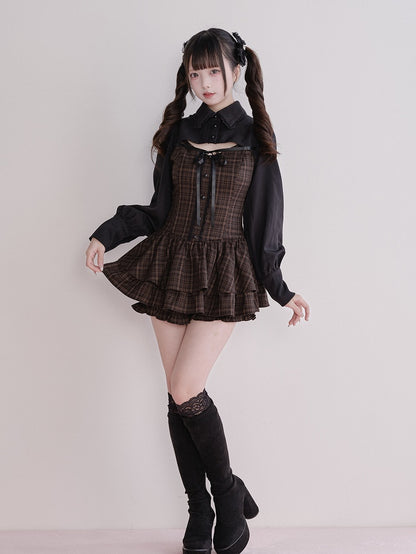 Jirai Fake Brown Set Plaid Matching Dress Two-Piece Kei Long-Sleeve + Shorts