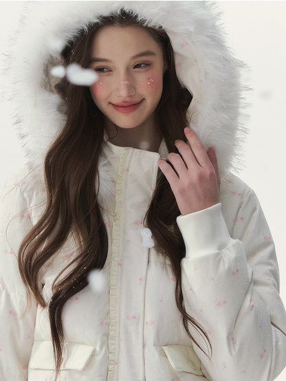 Winter Hood Jacket Trim Floral with Printed White Plush