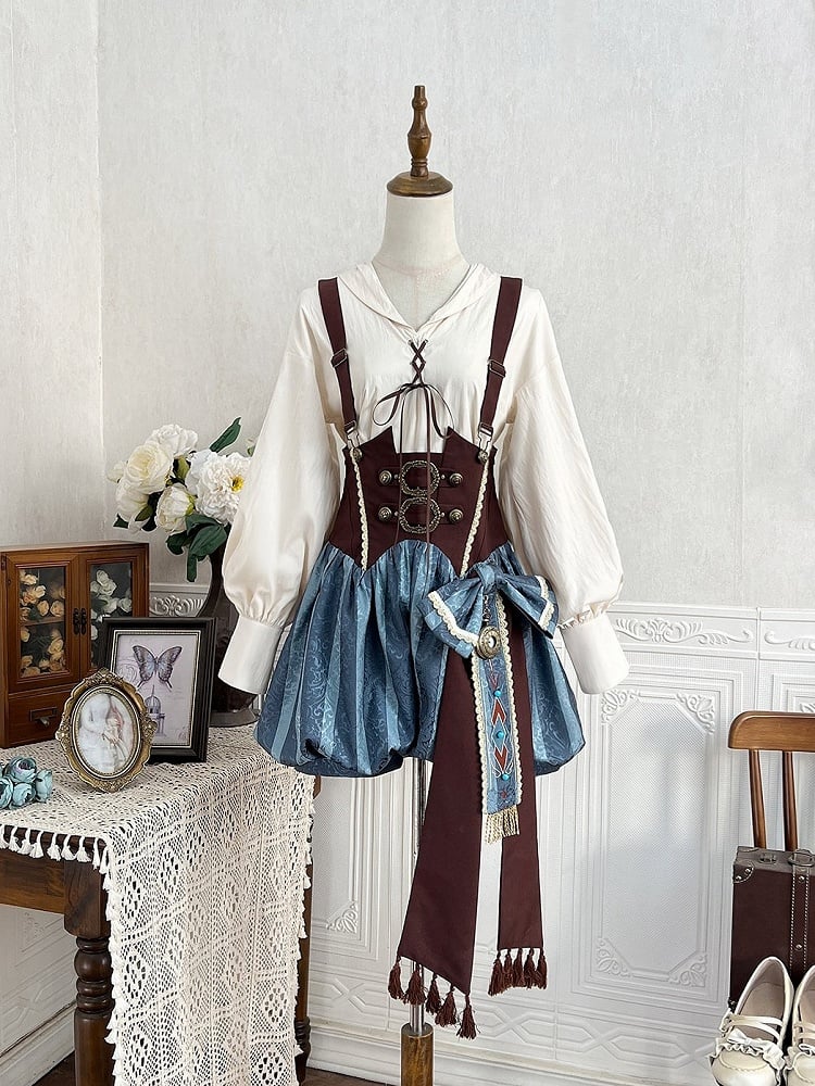 Brown Blue Striped Bow Decorated Overall Shorts Design - Xiong Dou Jiang