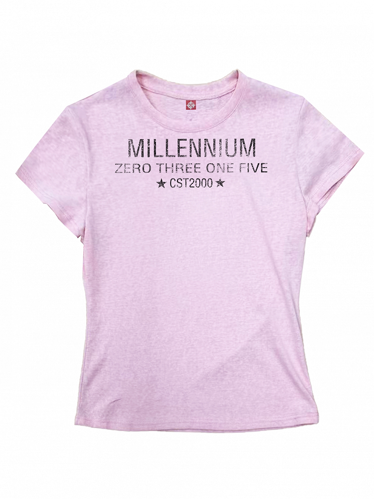 Pink Round Neck T-Shirt with Letter Print - DETW OnLine